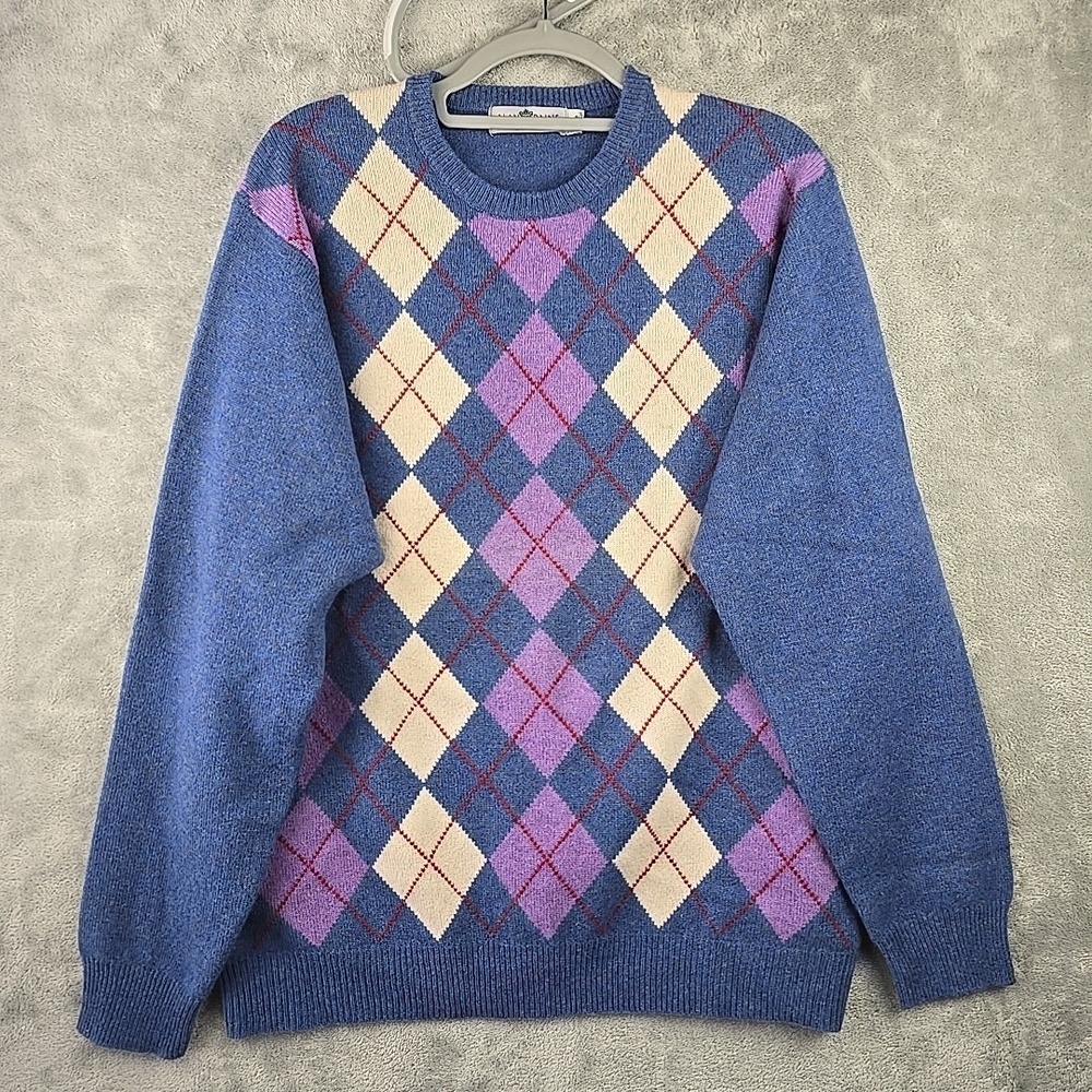 Alan Paine 100% Lambswool Sweater Mens Size 46 XL Blue‎ Argyle Golf Grandpacore